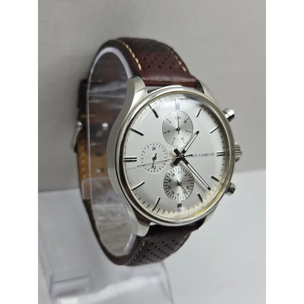 Vince Camuto Mens 42mm Watch VC1101SV Silver Tone Multi Dial Leather New Battery